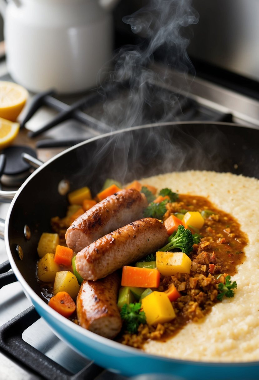 A steaming skillet of Quaker grits and sausage, with colorful vegetables and savory spices, sizzling on a stovetop