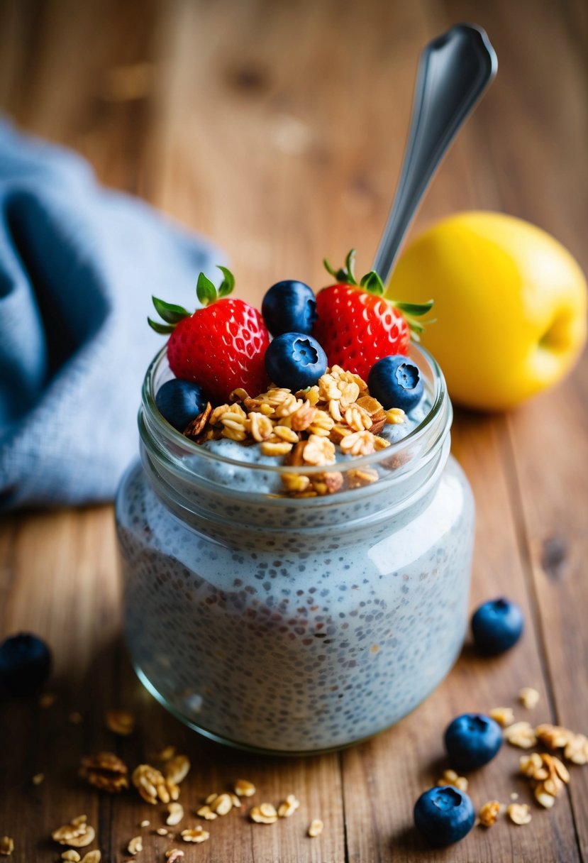 A glass jar filled with chia seed pudding topped with fresh berries and a sprinkle of granola, placed on a wooden table