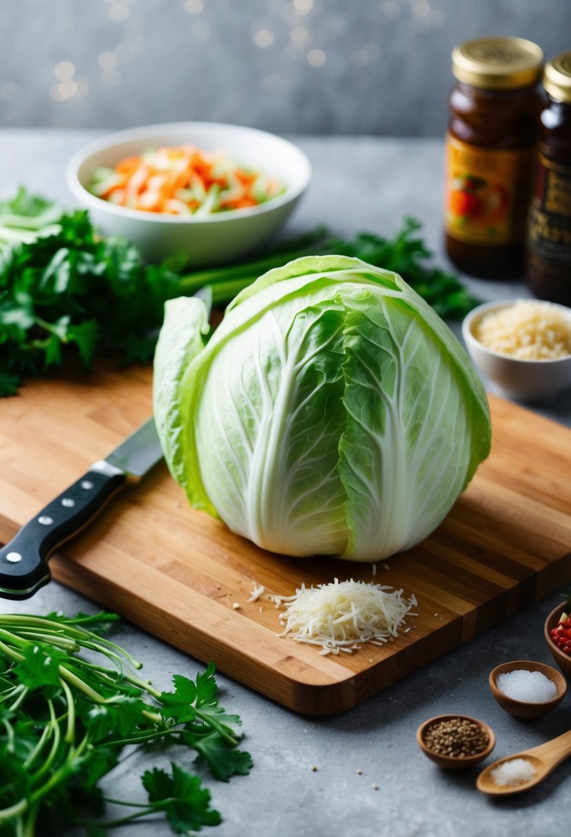 A cutting board with napa cabbage, knife, and assorted ingredients for recipes