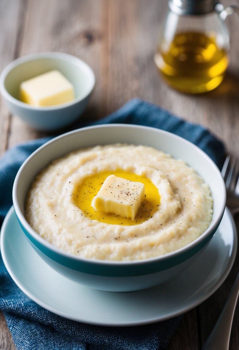 A steaming bowl of creamy Southern Quaker Grits topped with melted butter and a sprinkle of black pepper