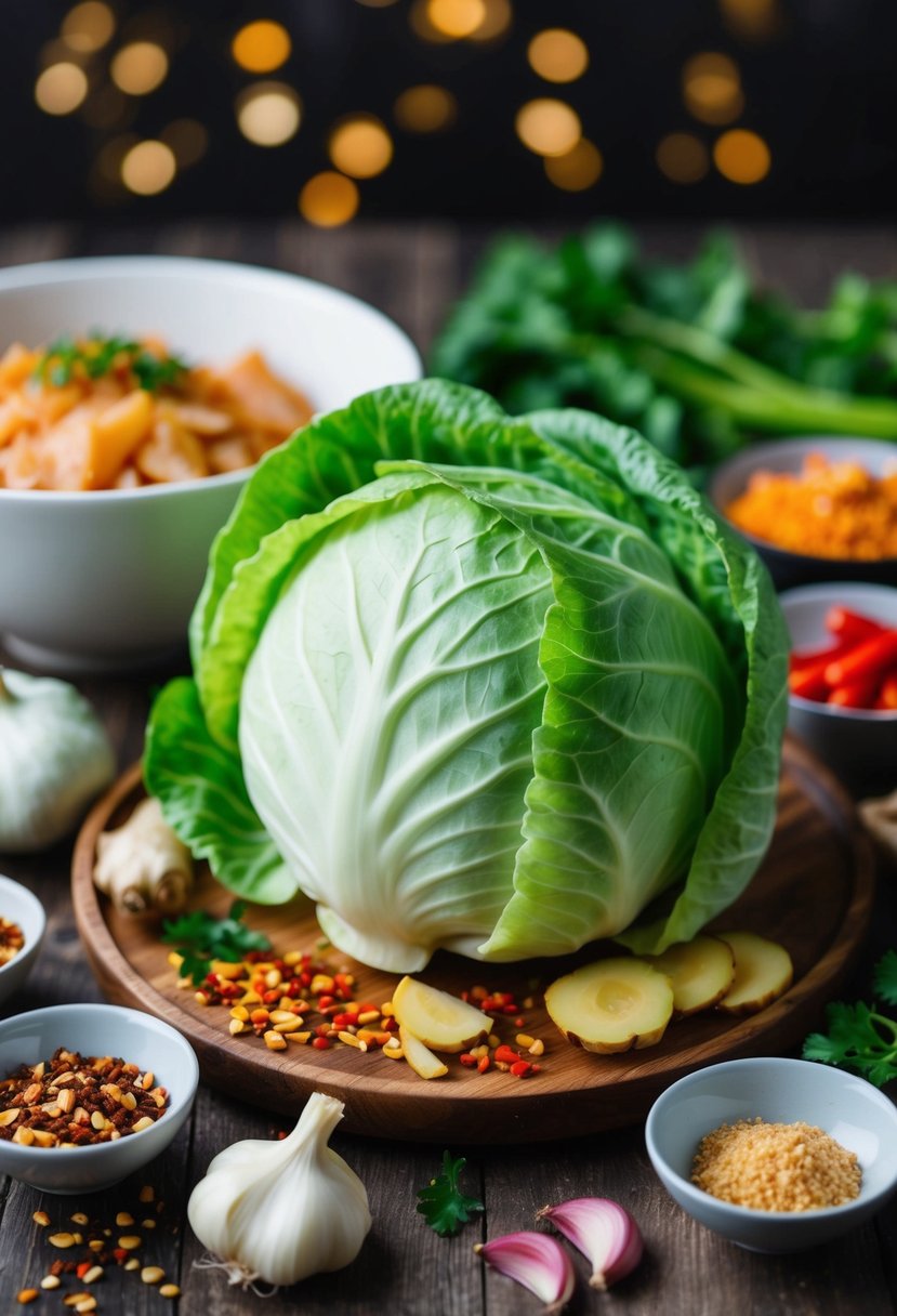 A head of napa cabbage surrounded by various ingredients like garlic, ginger, and red pepper flakes, with a bowl of kimchi in the background