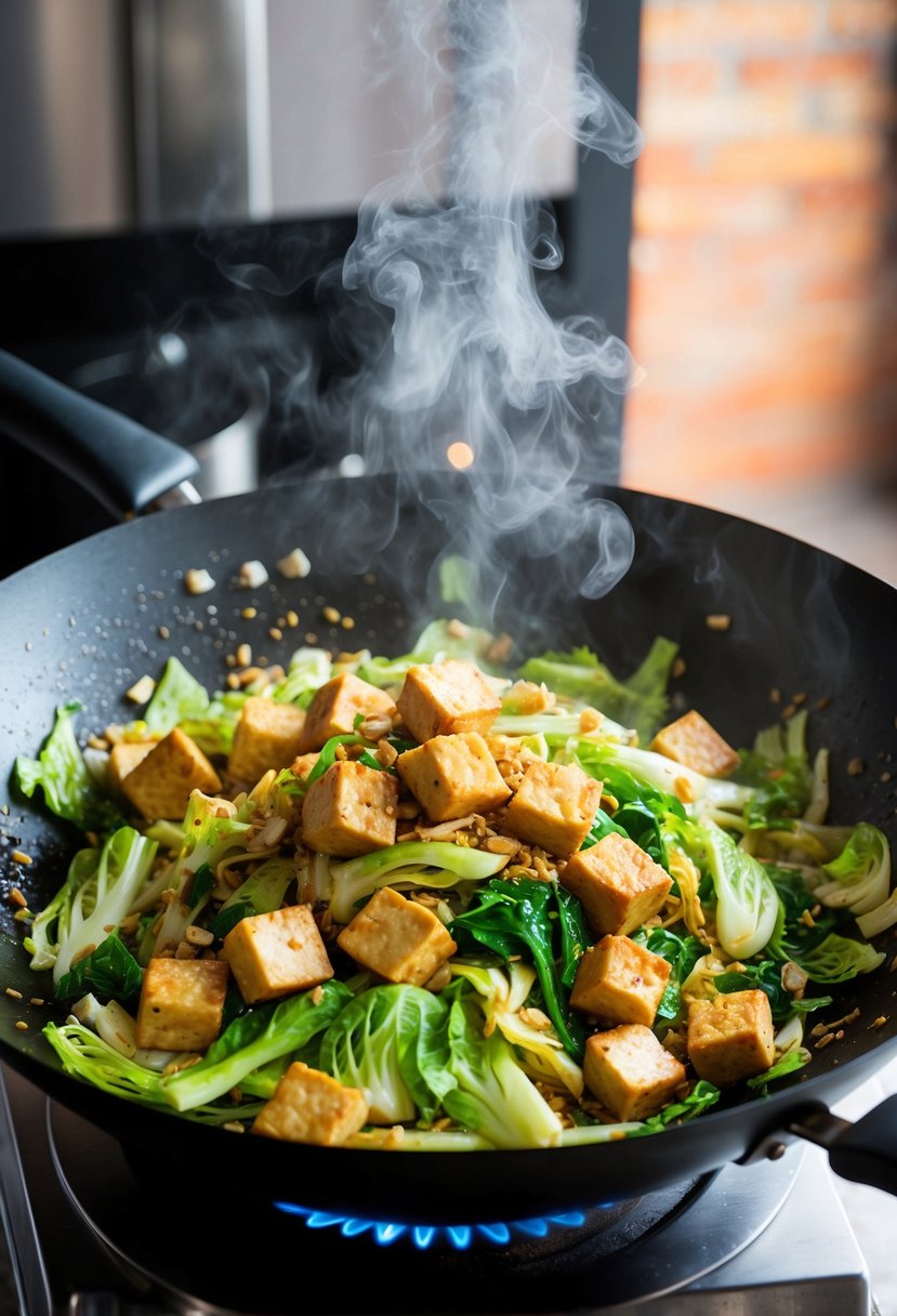 A sizzling wok filled with stir-fried napa cabbage, tofu, and aromatic seasonings, with steam rising and vibrant colors