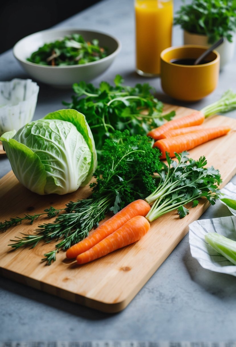 Fresh napa cabbage, carrots, and herbs arranged on a clean cutting board with rice paper wrappers nearby