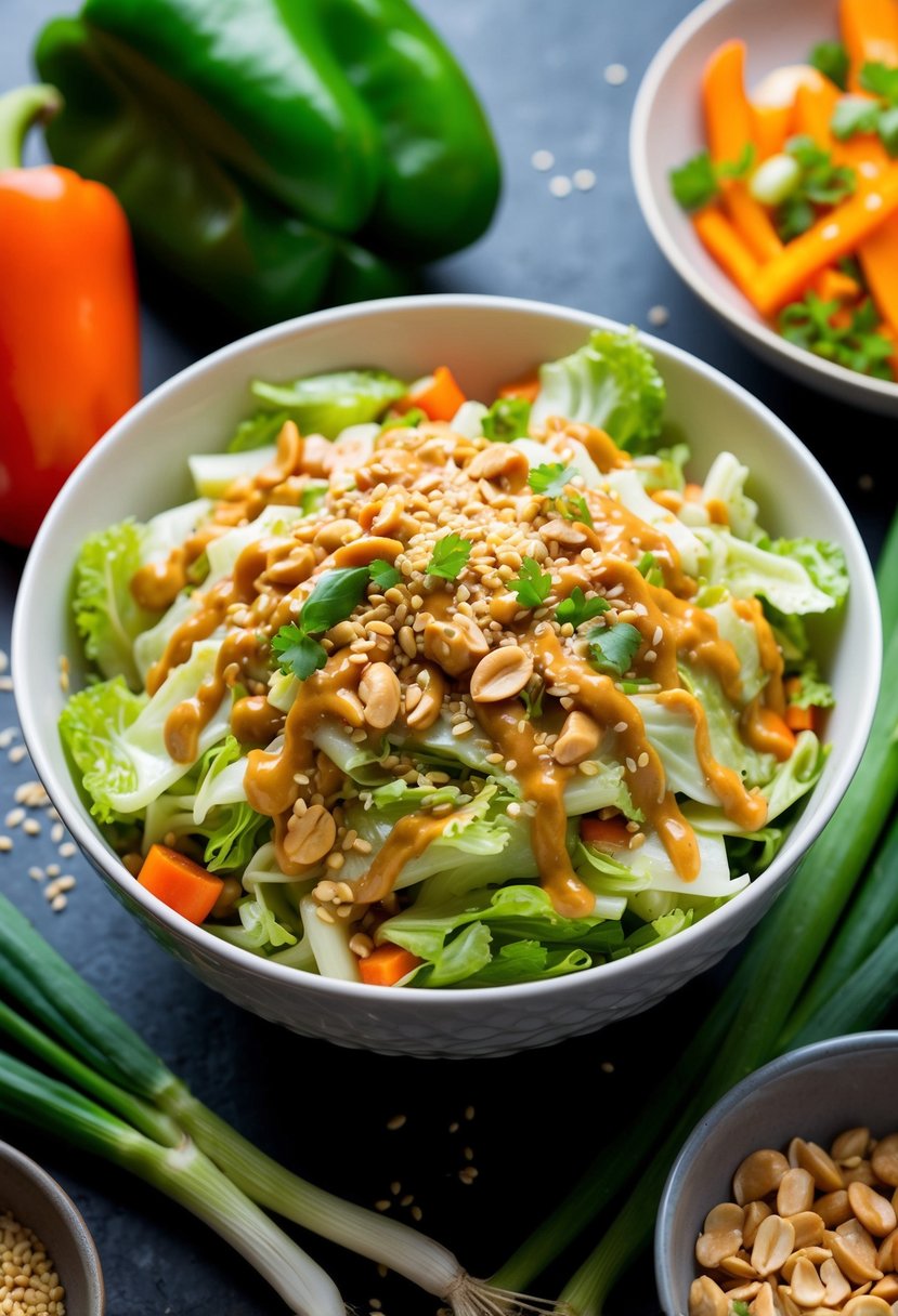 A vibrant bowl of Napa cabbage salad with peanut dressing, topped with sesame seeds and chopped peanuts, surrounded by fresh ingredients like carrots, bell peppers, and green onions