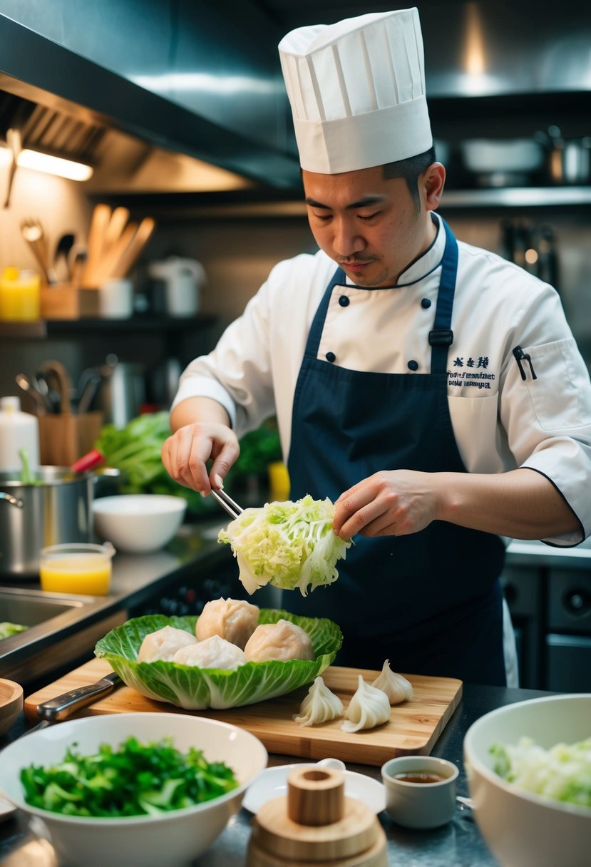 A chef preparing Napa Cabbage and Pork Dumplings in a bustling kitchen, surrounded by ingredients and cooking utensils