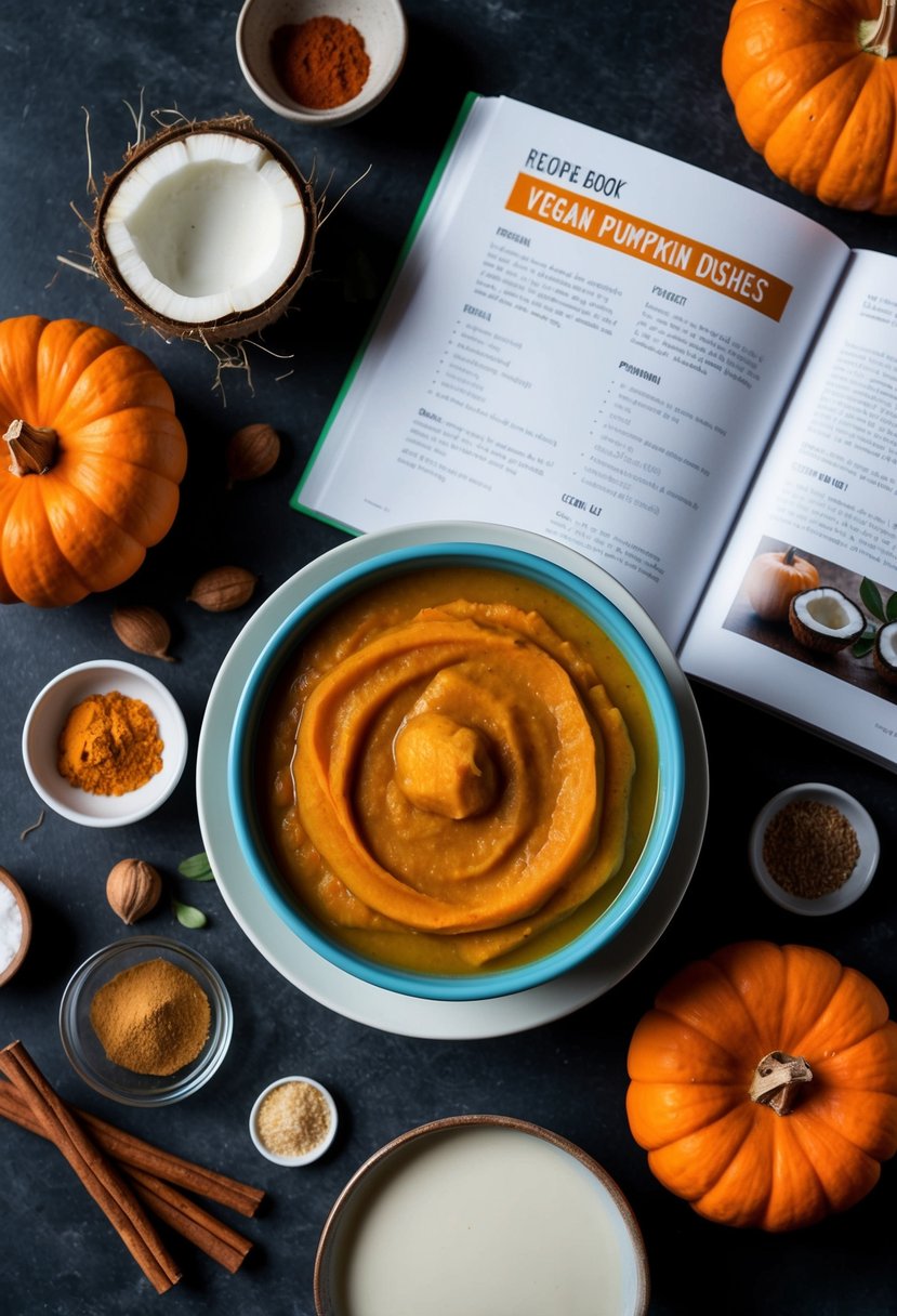 A bowl of canned pumpkin surrounded by ingredients like cinnamon, nutmeg, and coconut milk, with a recipe book open to a page on vegan pumpkin dishes