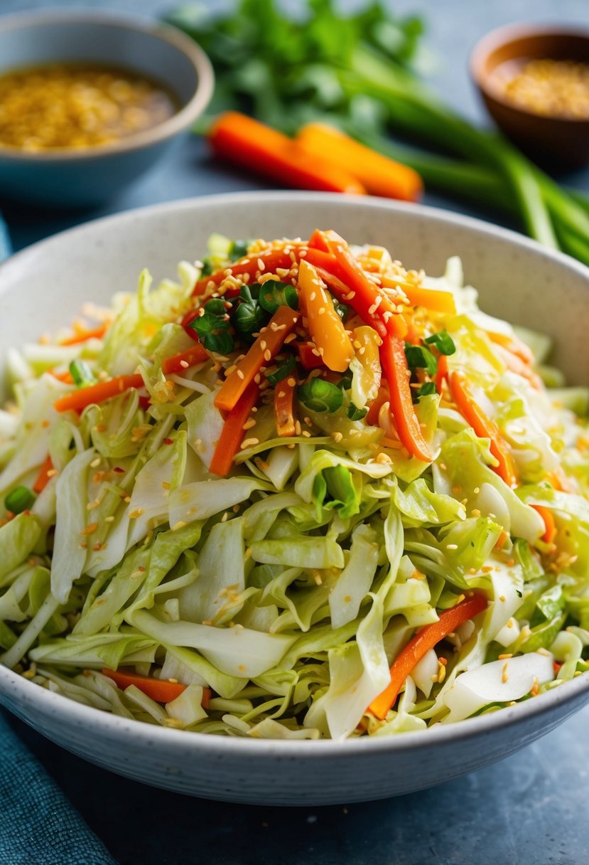 A vibrant pile of shredded Napa cabbage mixed with spicy dressing and colorful vegetables, ready to be tossed into a bowl