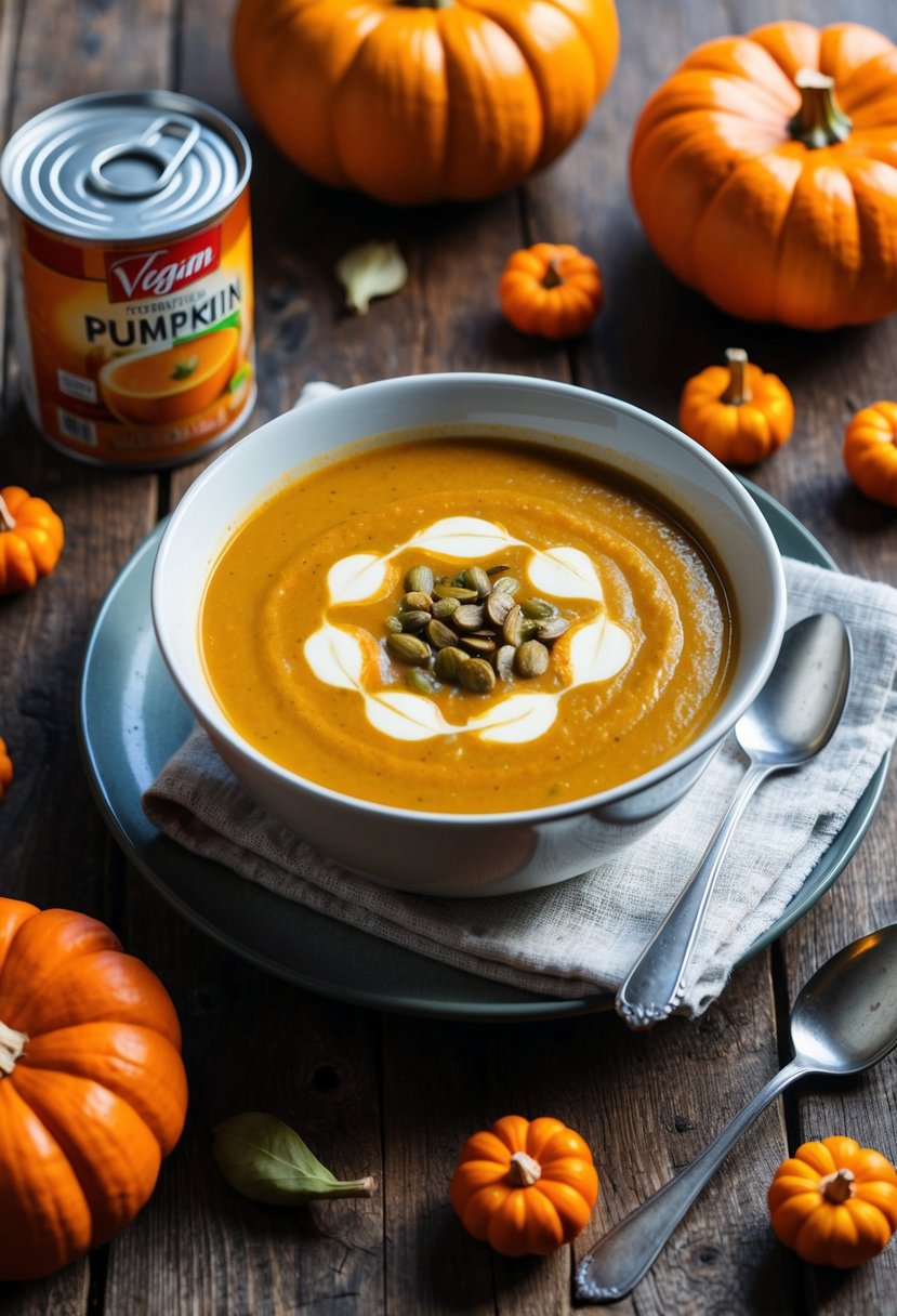 A steaming bowl of vegan pumpkin soup sits on a rustic wooden table, surrounded by scattered whole pumpkins and a can of pureed pumpkin