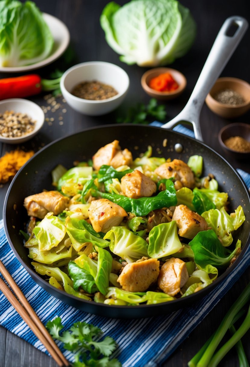 A sizzling skillet of chicken and napa cabbage stir-fry, with vibrant green cabbage and tender pieces of chicken, surrounded by colorful vegetables and aromatic spices