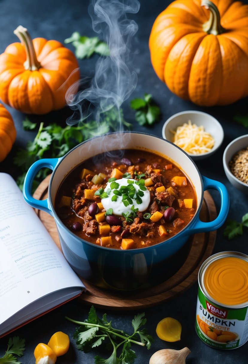 A steaming pot of pumpkin chili surrounded by fresh ingredients and a can of pumpkin, with a vegan recipe book open nearby