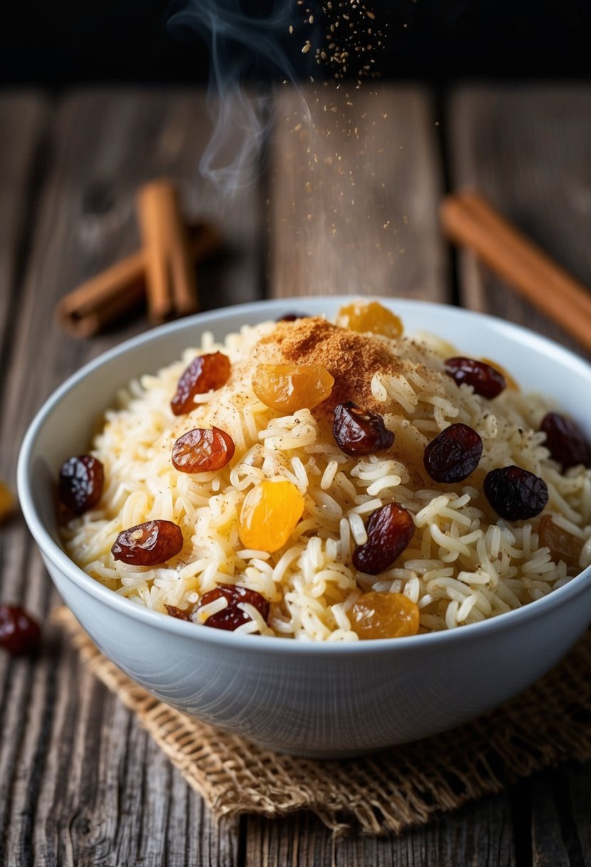 A bowl of steaming rice mixed with plump, golden raisins, garnished with a sprinkle of cinnamon and served on a rustic wooden table