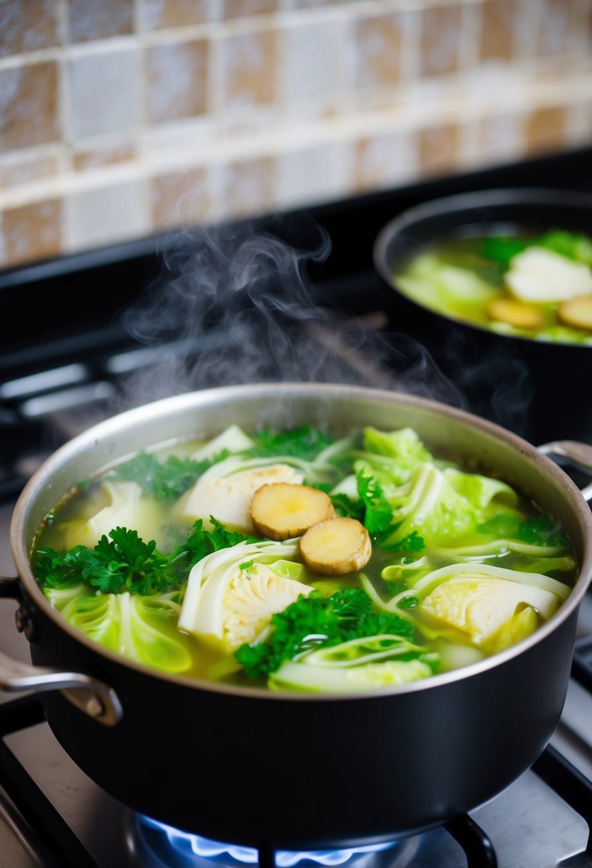 A pot of napa cabbage soup simmers on a stove, steam rising as ginger and other ingredients float in the broth