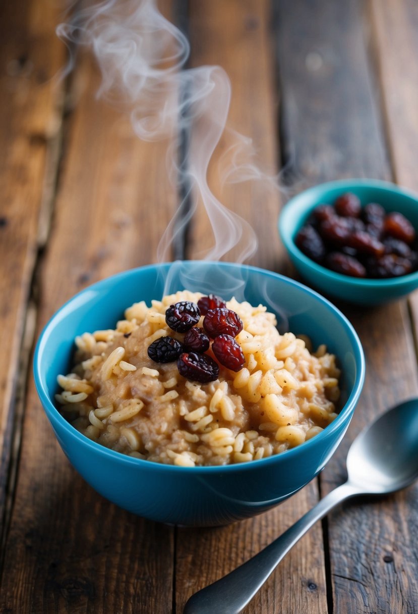 A steaming bowl of cinnamon raisin rice pudding, with plump raisins scattered throughout the creamy rice, sits on a rustic wooden table