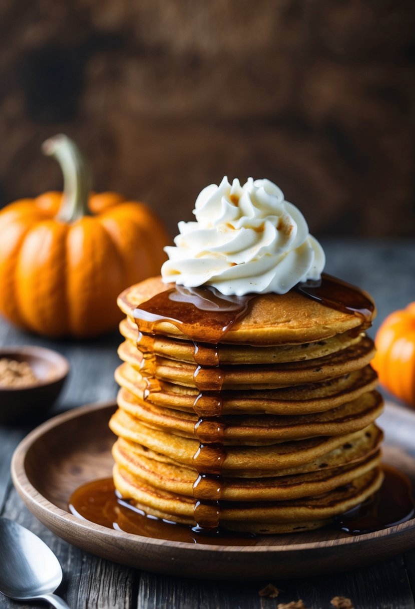 A stack of pumpkin spice pancakes with a dollop of whipped cream and a drizzle of maple syrup on a rustic wooden plate