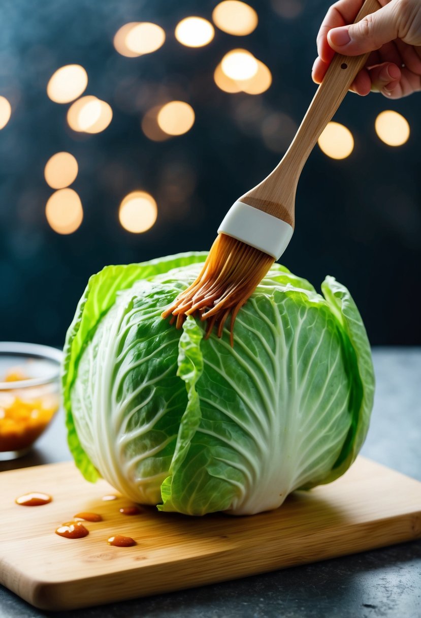 A head of napa cabbage being brushed with miso glaze on a cutting board