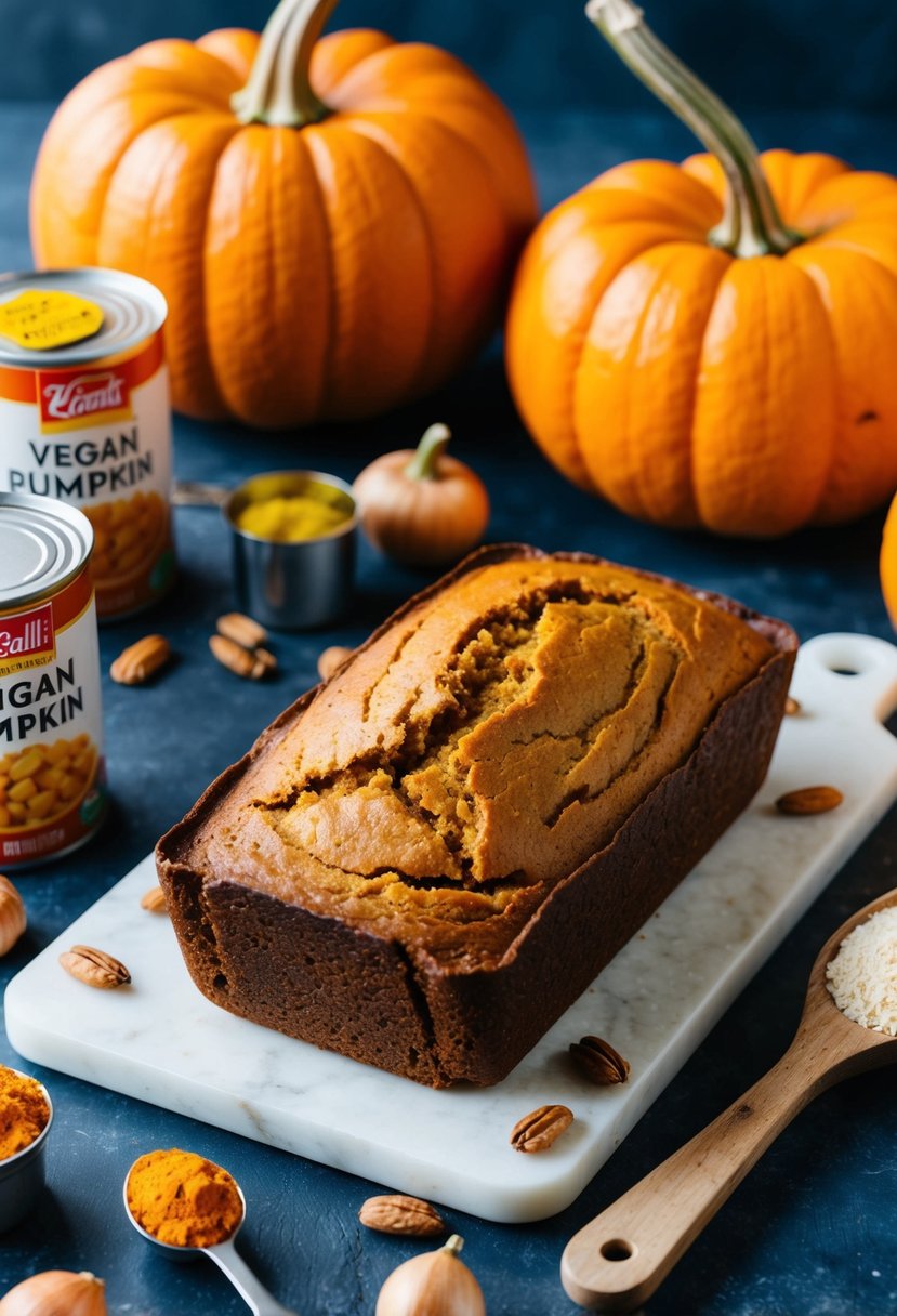 A loaf of vegan pumpkin bread surrounded by canned pumpkin and other ingredients for vegan recipes