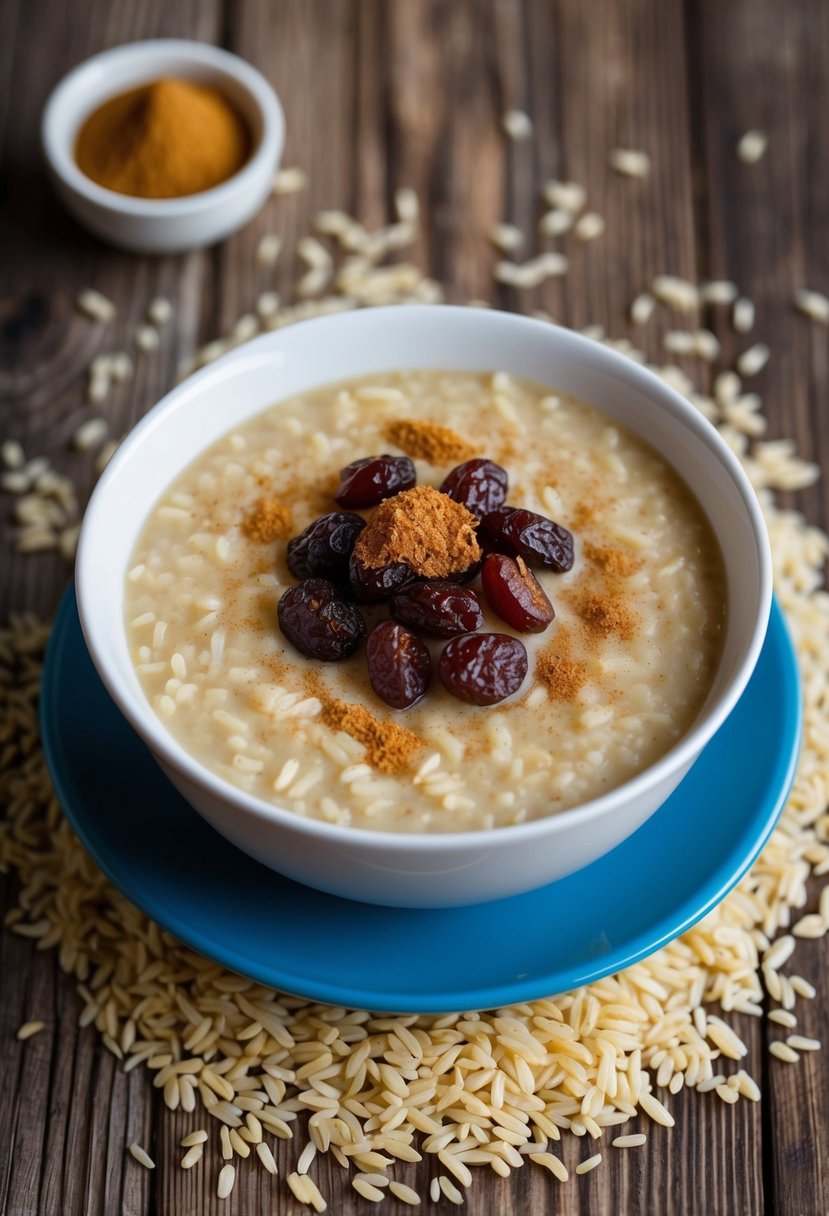 A bowl of arroz con leche with plump raisins, surrounded by scattered rice grains and a sprinkle of cinnamon on top