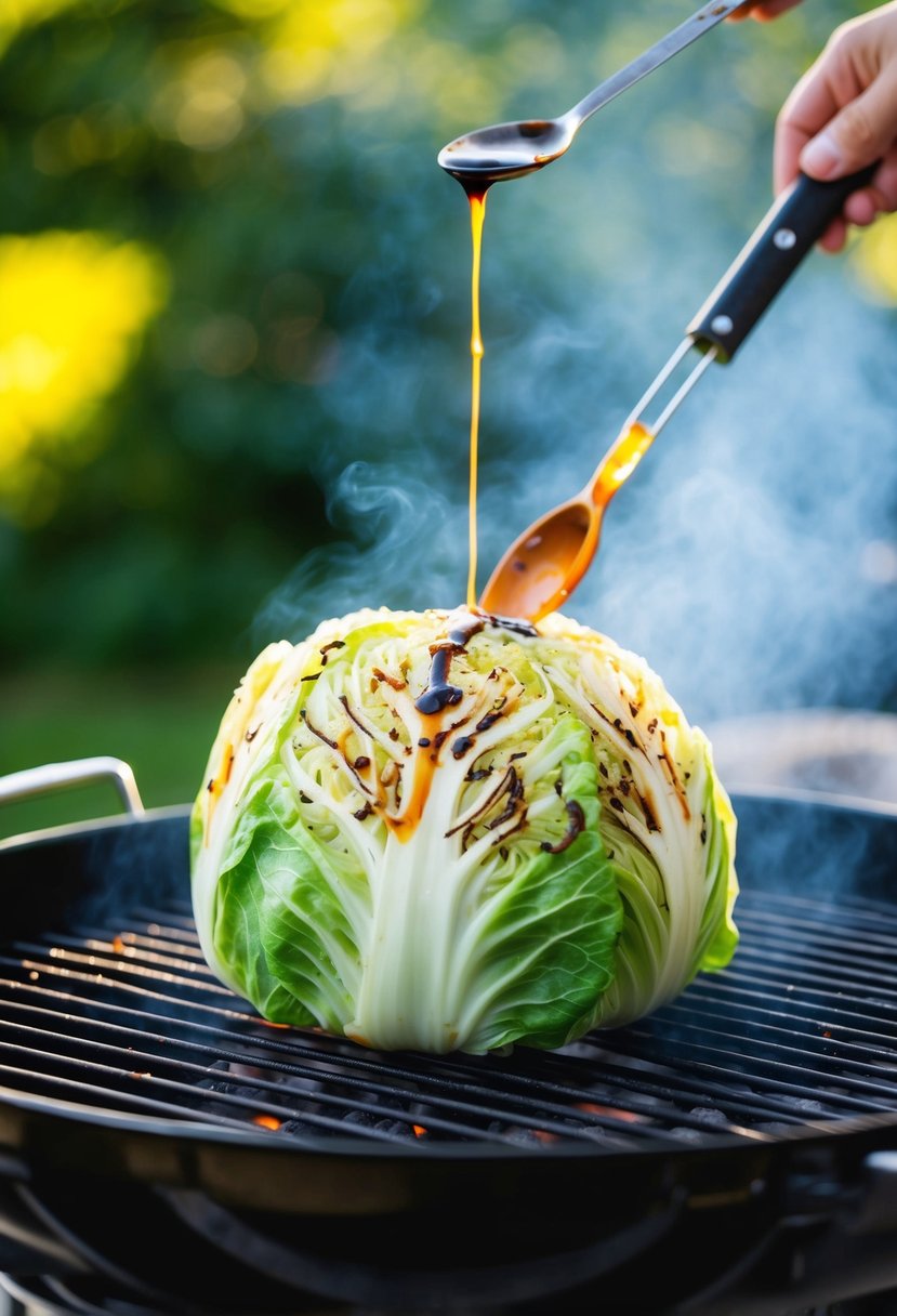 A head of Napa cabbage being grilled on a barbecue, drizzled with soy sauce