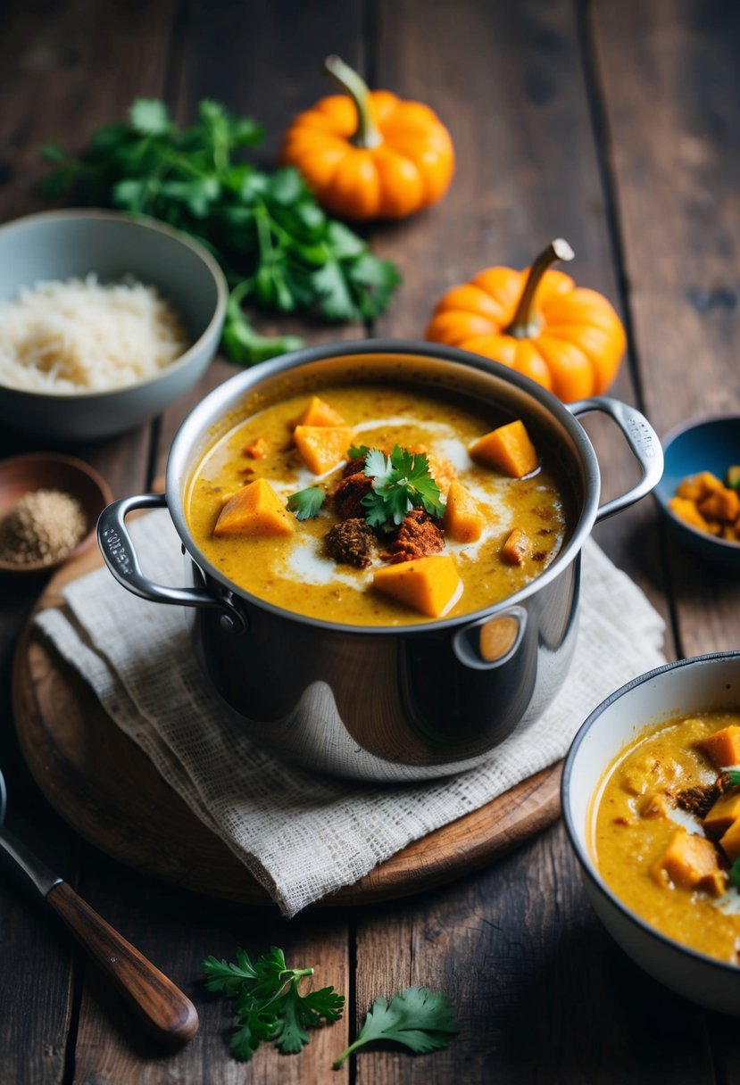 A simmering pot of pumpkin curry with coconut milk, spices, and vegetables on a rustic wooden table