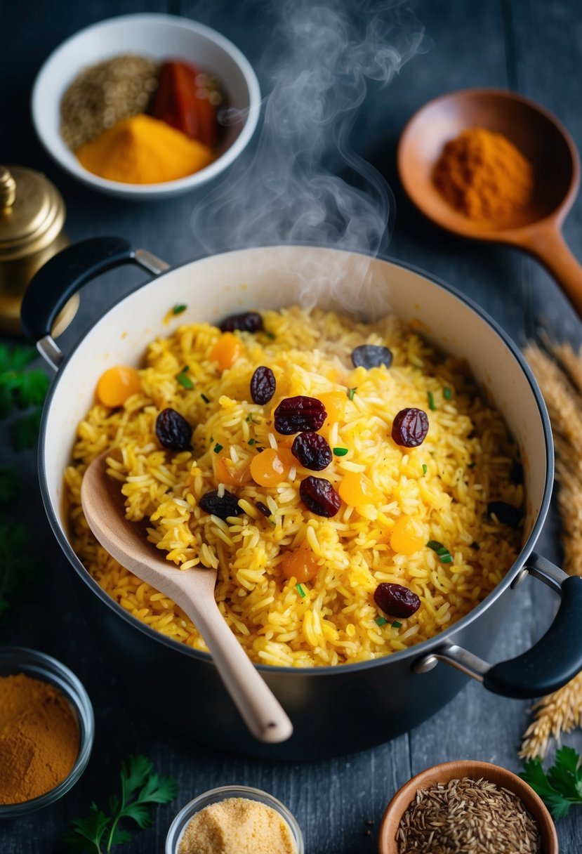 A steaming pot of sweet rice pilaf with golden raisins, surrounded by colorful spices and a wooden spoon