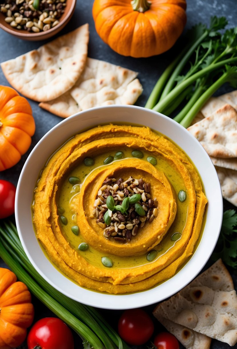 A bowl of creamy pumpkin hummus surrounded by fresh vegetables and pita bread