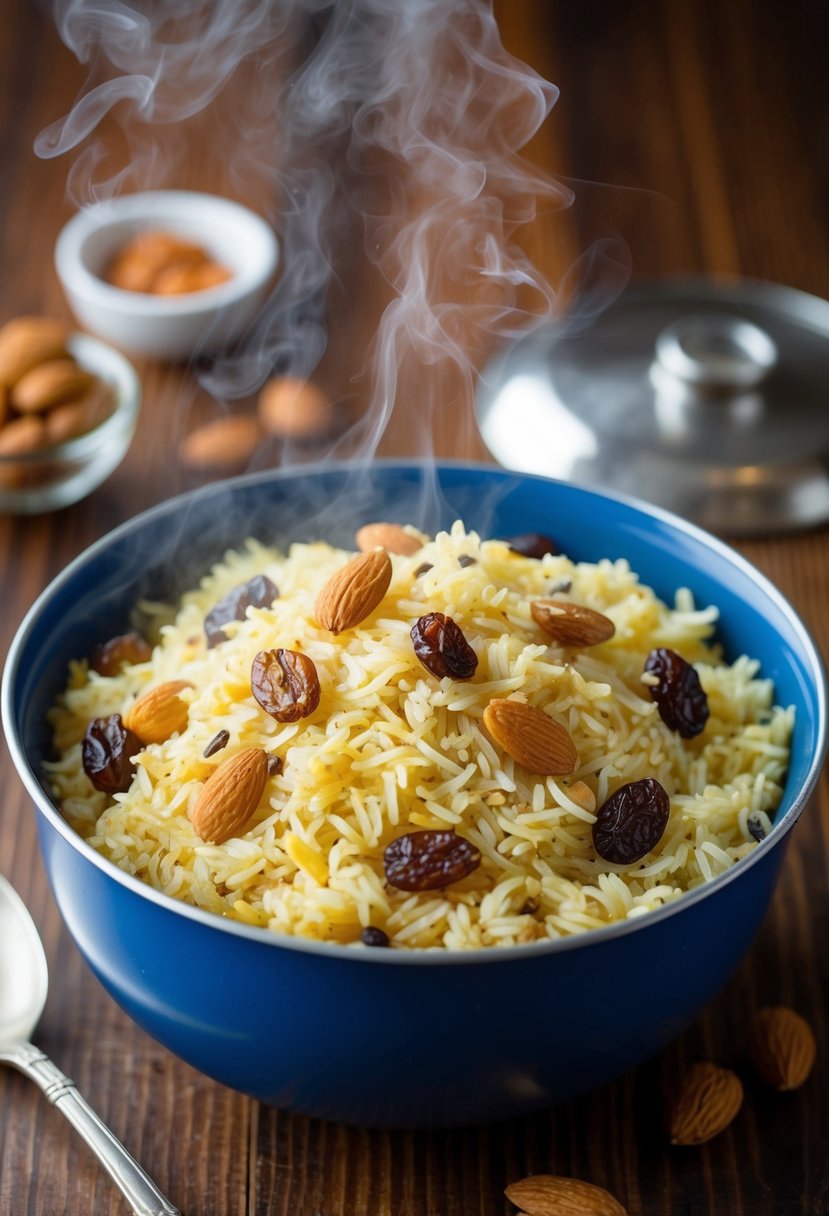 A steaming pot of basmati rice mixed with plump raisins and crunchy almonds, ready to be served