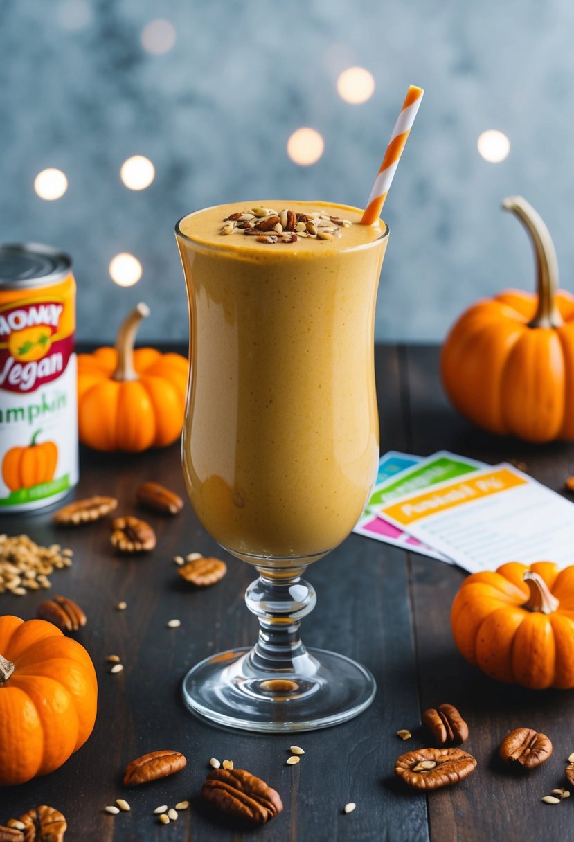 A glass filled with creamy pumpkin pie smoothie surrounded by scattered ingredients like canned pumpkin and vegan recipe cards