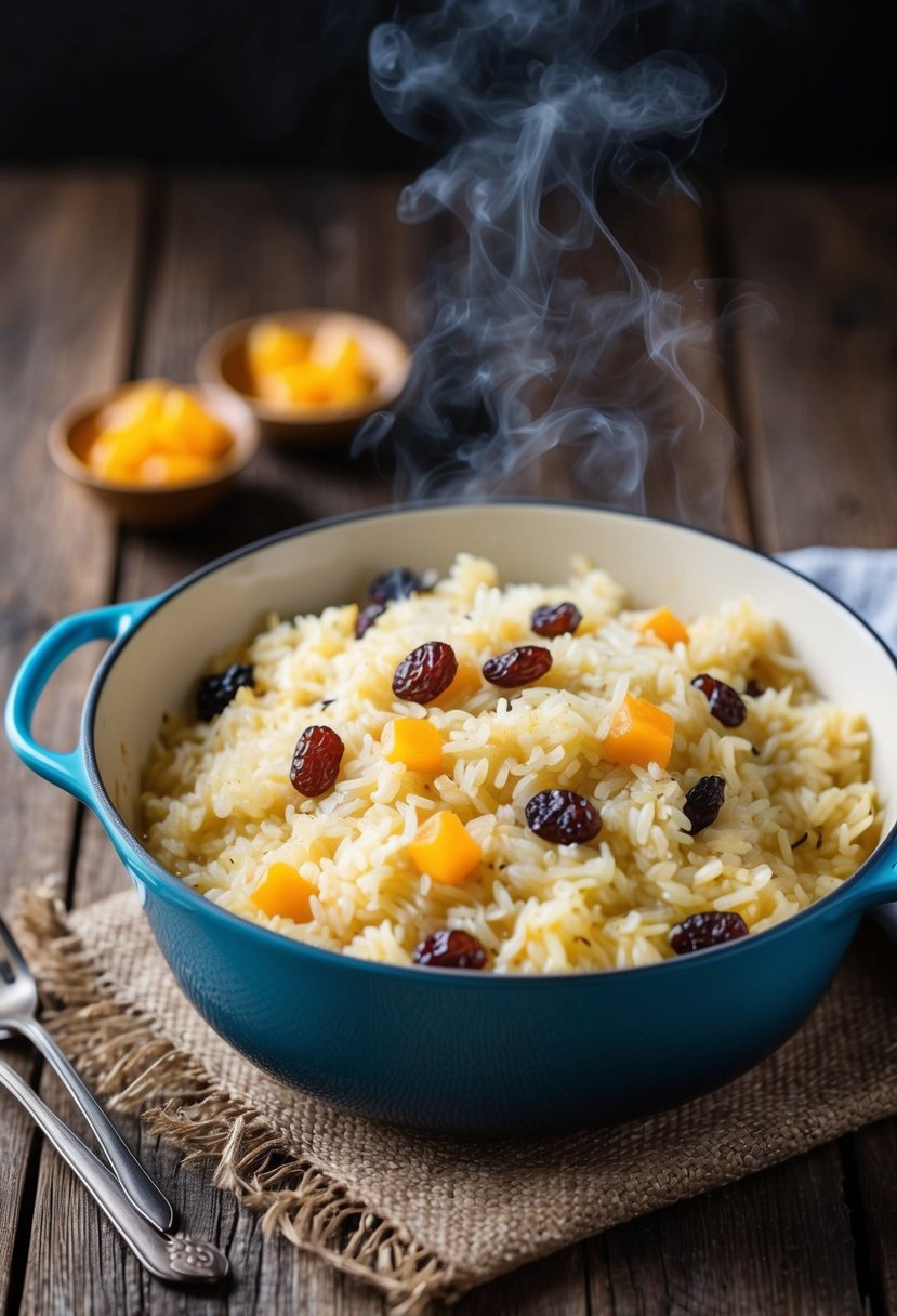 A steaming casserole dish filled with creamy rice, studded with plump raisins, sitting on a rustic wooden table