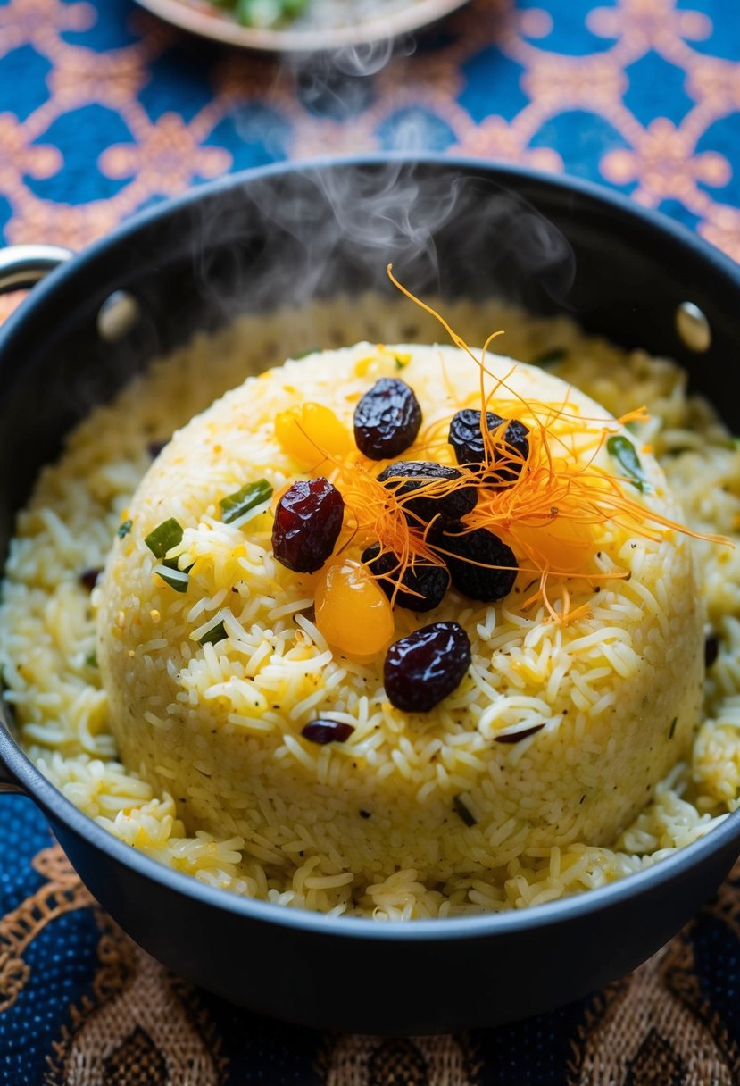 A steaming pot of Raisin-Saffron Biryani rice, adorned with plump raisins and vibrant saffron strands, sits on a patterned tablecloth