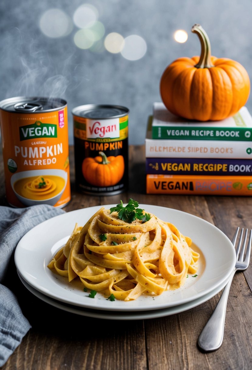 A steaming plate of creamy pumpkin Alfredo pasta with a sprinkle of parsley, served alongside a can of pumpkin and a stack of vegan recipe books