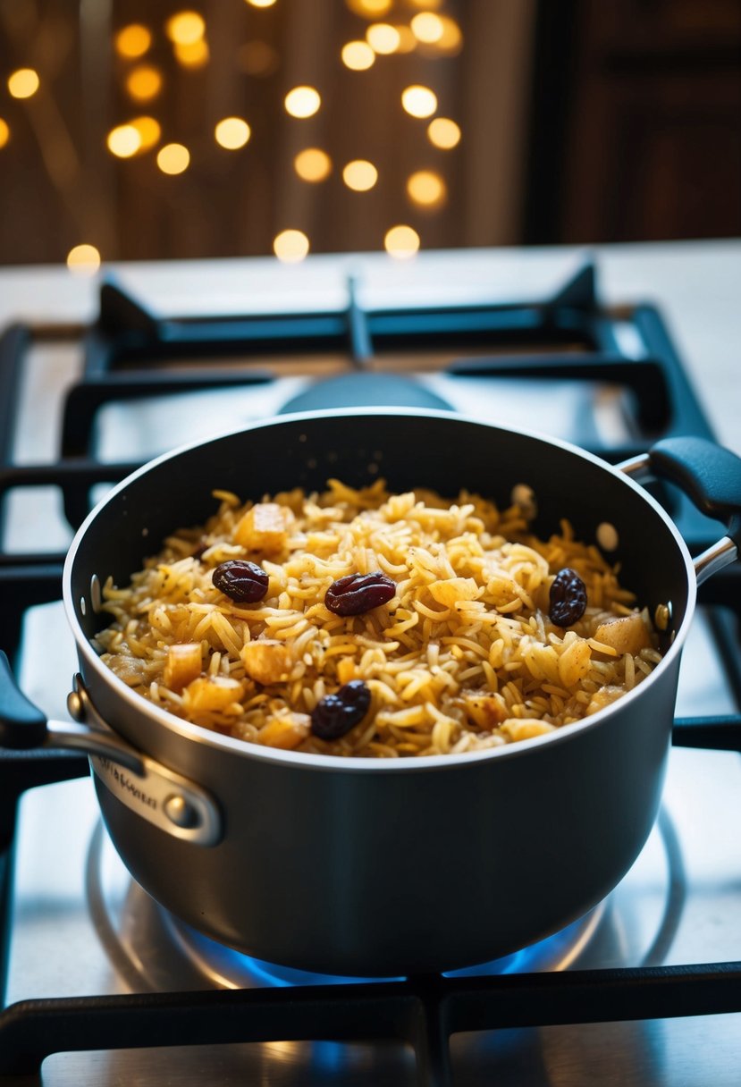 A pot of caramelized onion and raisin rice simmering on a stovetop