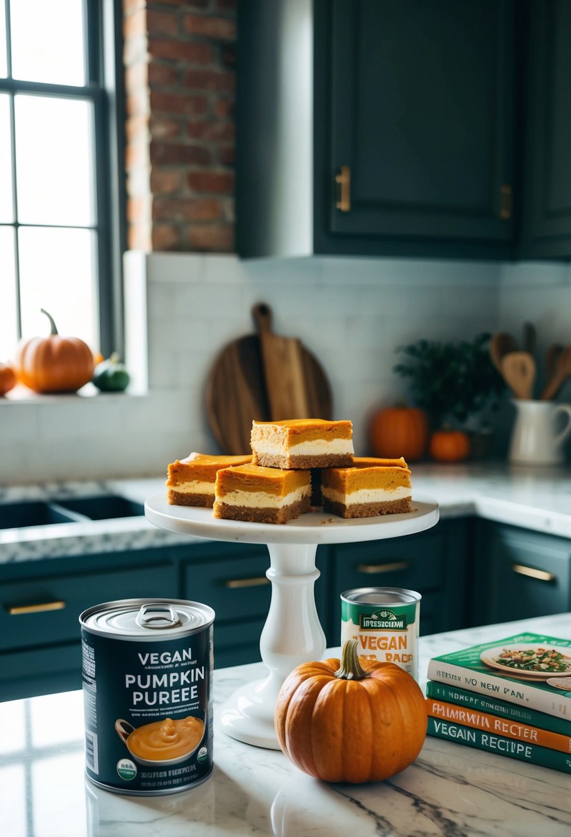 A rustic kitchen with a marble countertop, adorned with freshly baked pumpkin cheesecake bars and a can of pumpkin puree, surrounded by vegan recipe books