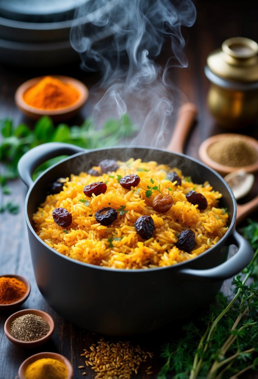 A steaming pot of Moroccan-spiced rice with plump raisins, surrounded by vibrant spices and herbs