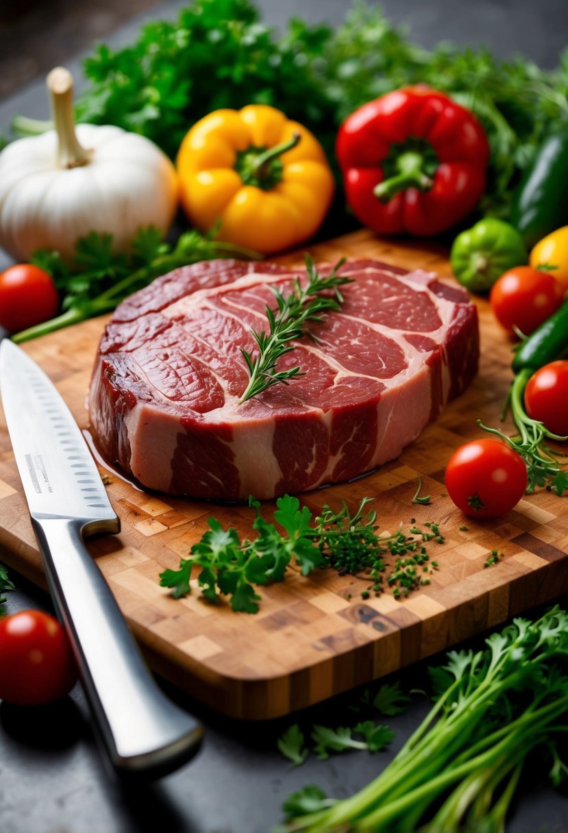 A cutting board with fresh round steak surrounded by colorful vegetables and herbs