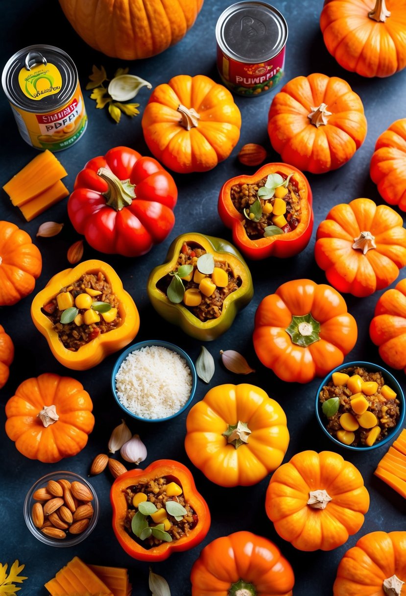 A colorful array of stuffed pumpkin peppers surrounded by canned pumpkin and various vegan ingredients