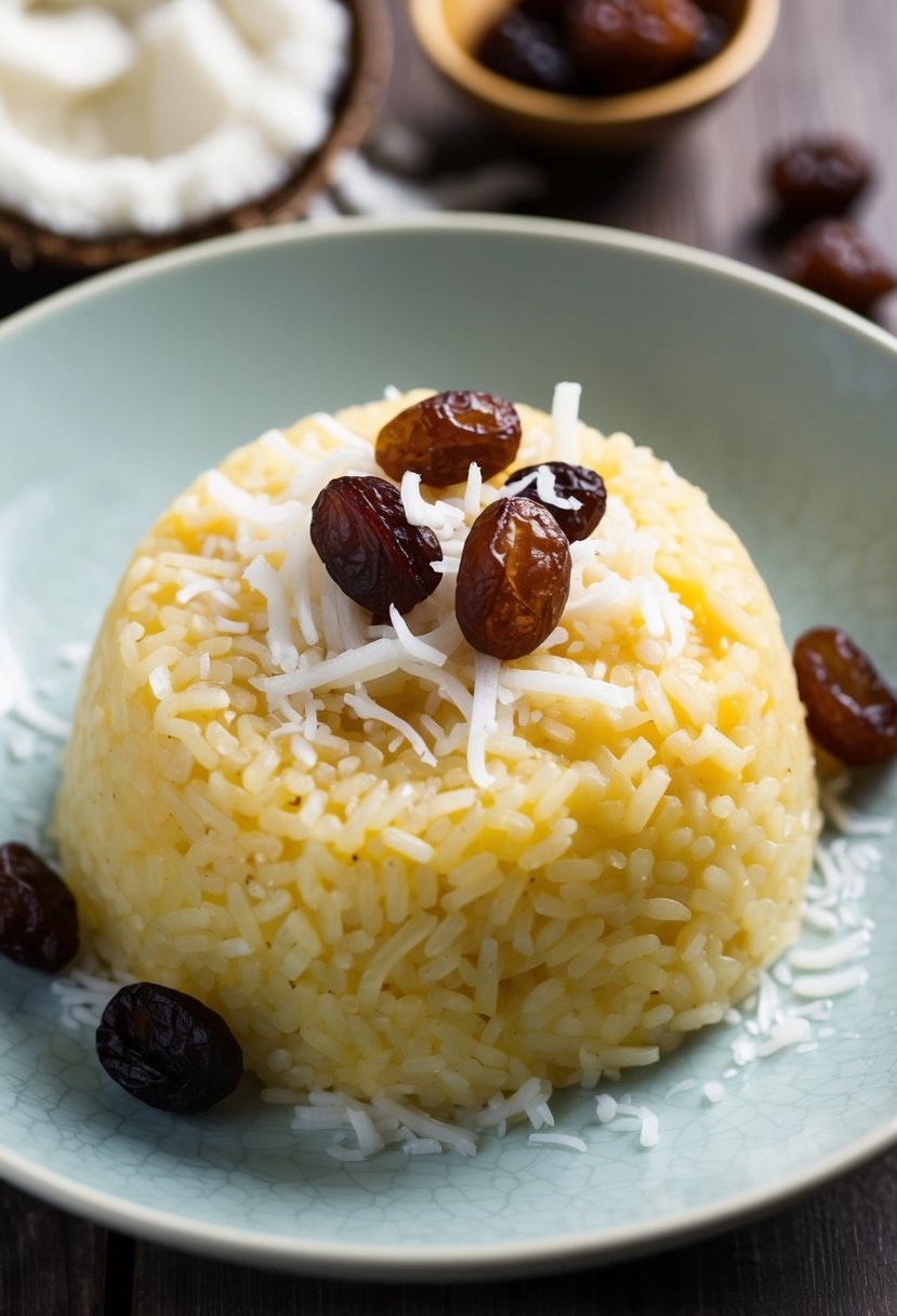 A bowl of sticky rice with raisins and coconut, topped with a sprinkling of shredded coconut and a few whole raisins