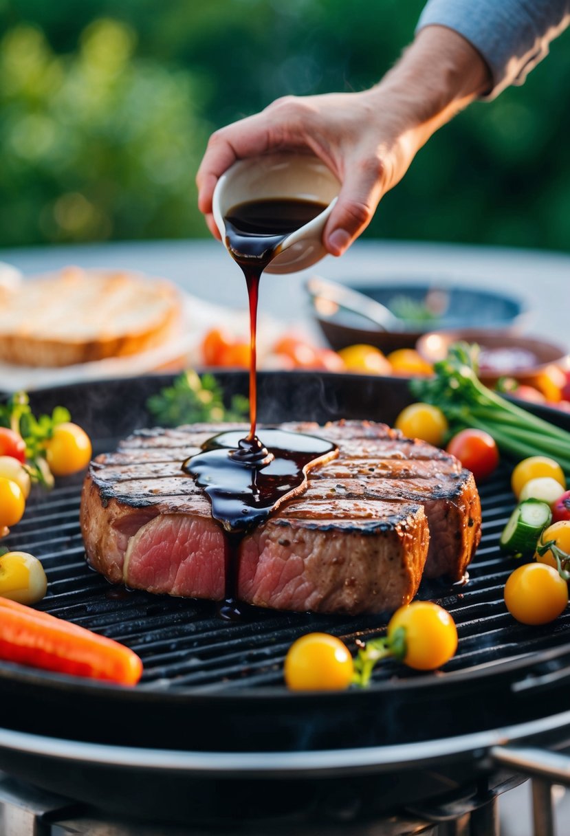 A sizzling round steak on a hot grill, drizzled with balsamic glaze and surrounded by colorful vegetables