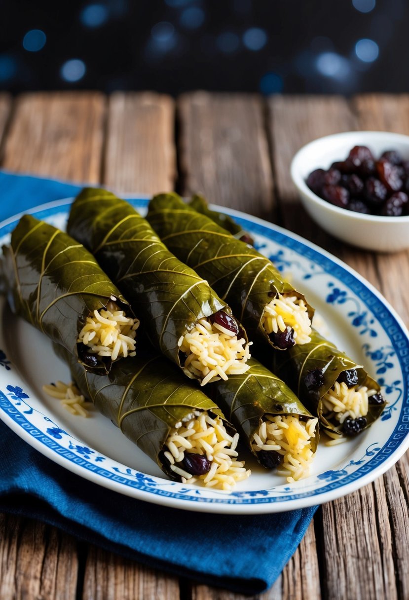 A platter of grape leaves stuffed with rice and raisins, with a bowl of additional raisins on the side