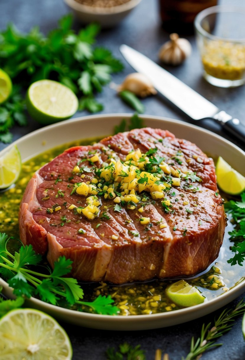 A juicy round steak marinating in a zesty blend of garlic and lime, surrounded by fresh herbs and spices