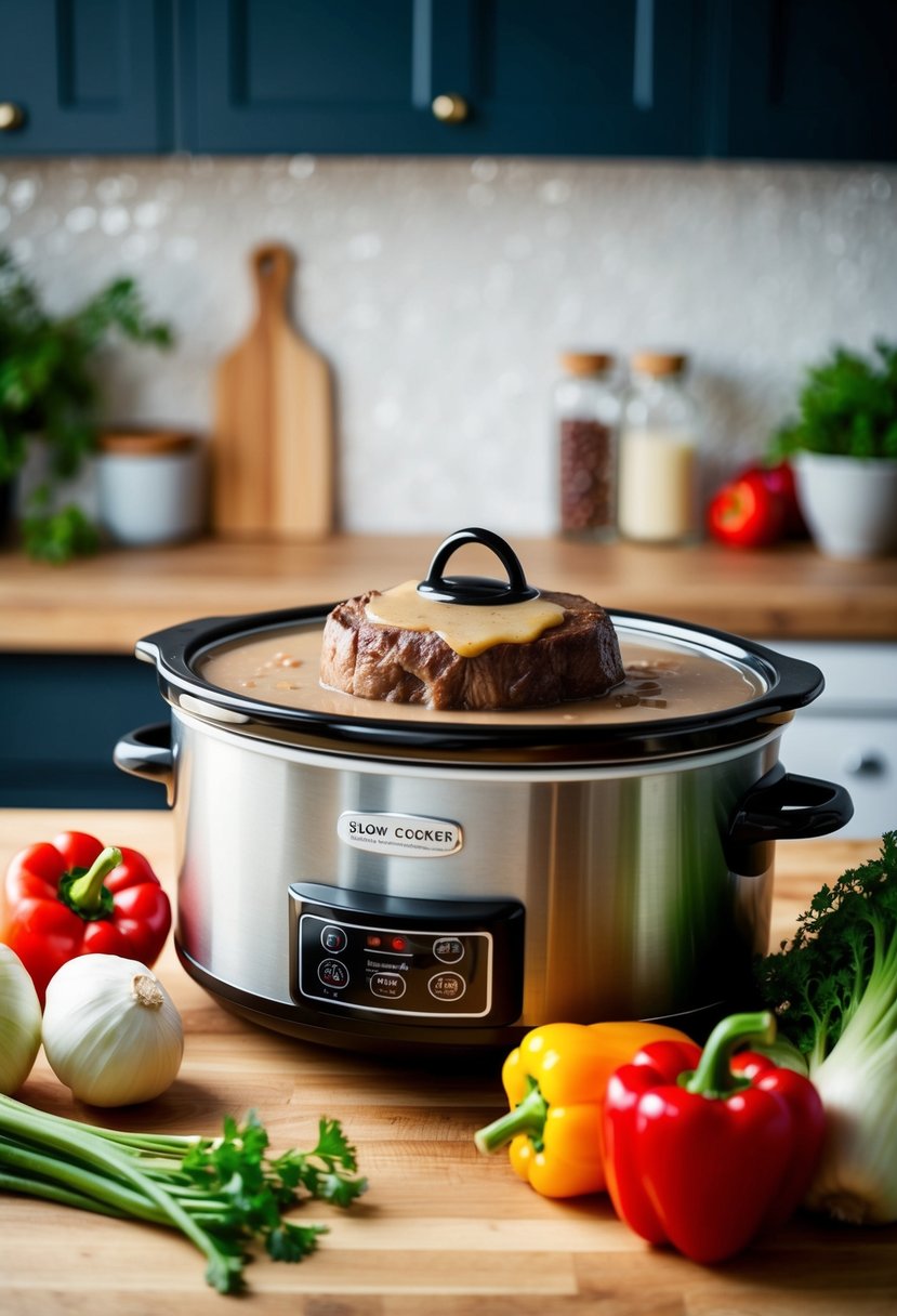 A slow cooker with round steak and gravy surrounded by fresh vegetables on a kitchen counter