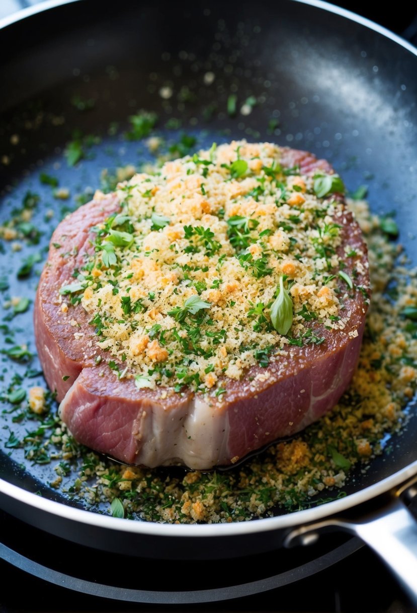 A round steak coated in a mixture of fresh herbs, breadcrumbs, and seasoning, ready to be seared in a hot pan