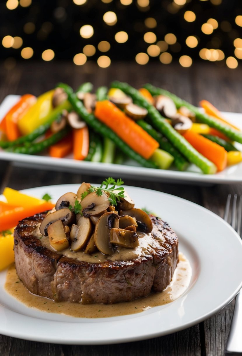 A sizzling round steak topped with savory mushroom sauce on a white plate, surrounded by colorful steamed vegetables