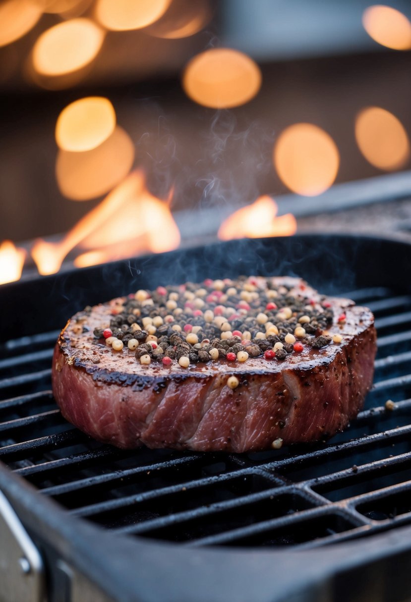 A round steak covered in peppercorns sizzling on a hot grill