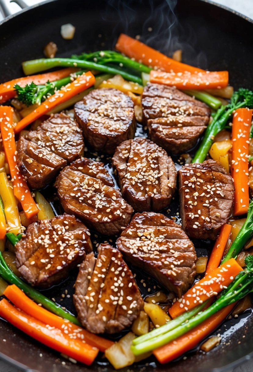 A sizzling pan with teriyaki-coated round steak strips, surrounded by colorful stir-fried vegetables and garnished with sesame seeds