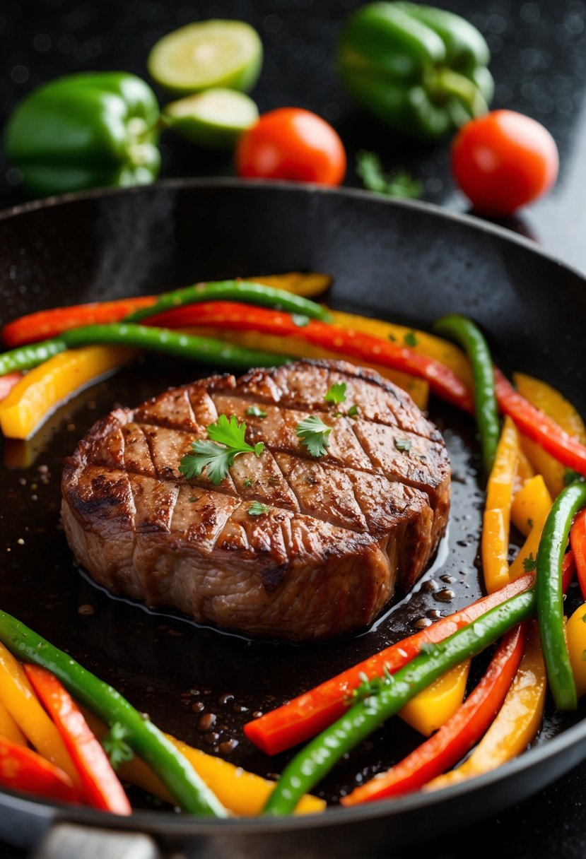 Sizzling round steak and colorful fajita vegetables cooking on a hot skillet