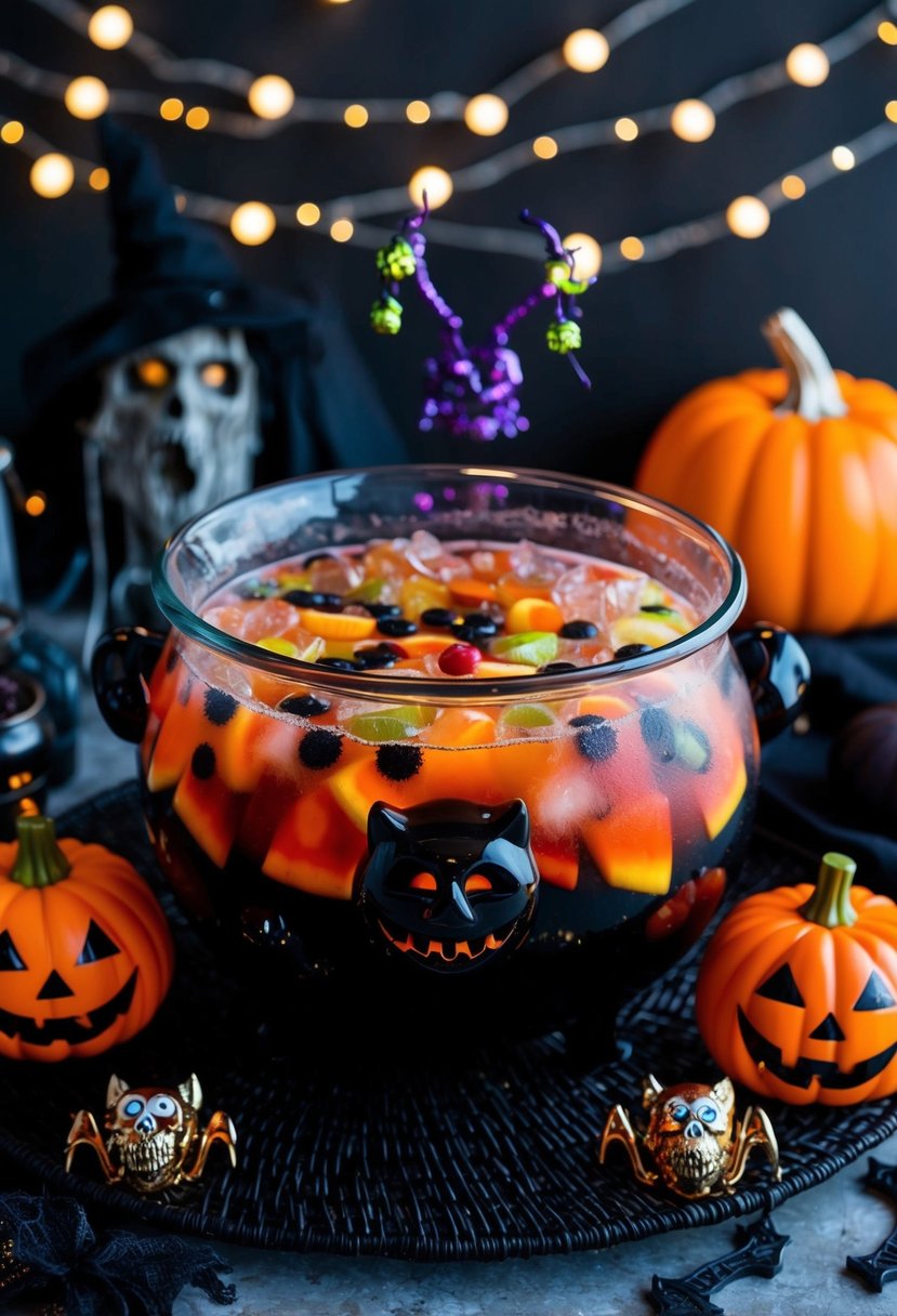 A bubbling cauldron-shaped punch bowl surrounded by spooky decorations and filled with a colorful, alcoholic Halloween punch