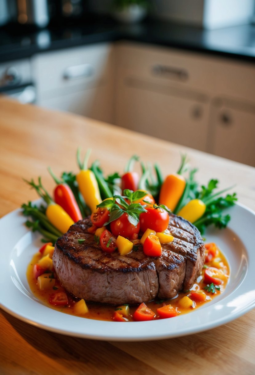 A sizzling round steak topped with vibrant tomato vinaigrette, surrounded by colorful, fresh vegetables on a clean, white plate