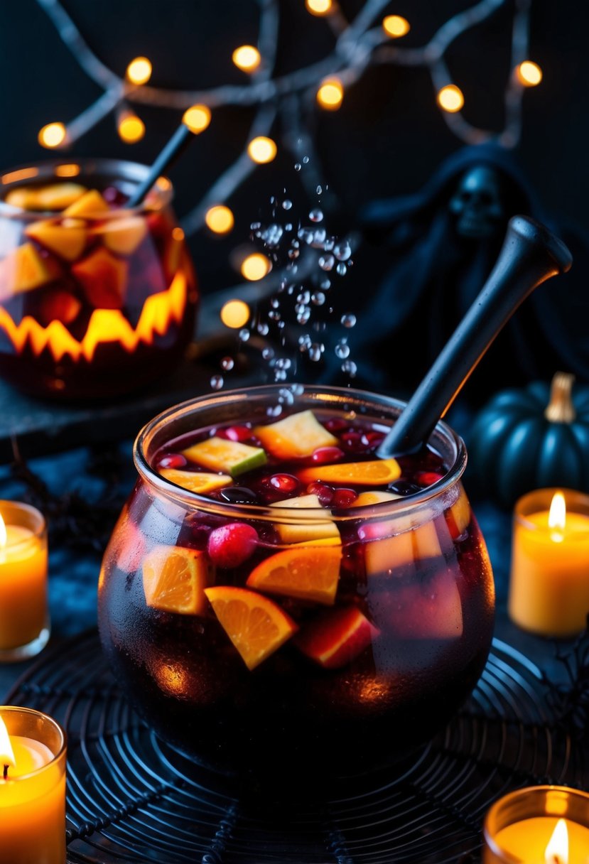 A bubbling cauldron filled with Witch's Brew Sangria, surrounded by eerie decorations and flickering candles