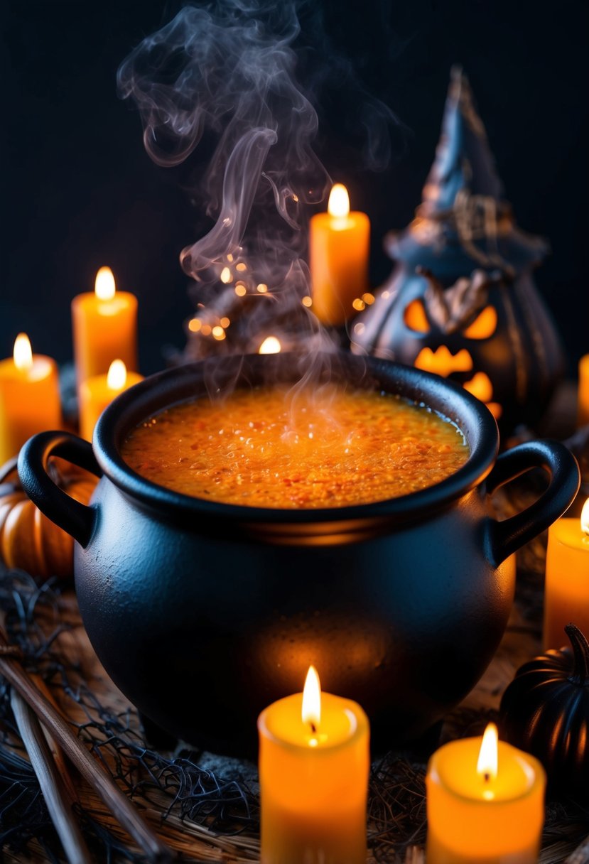 A bubbling cauldron filled with a mysterious, glowing orange liquid, surrounded by flickering candles and eerie decorations