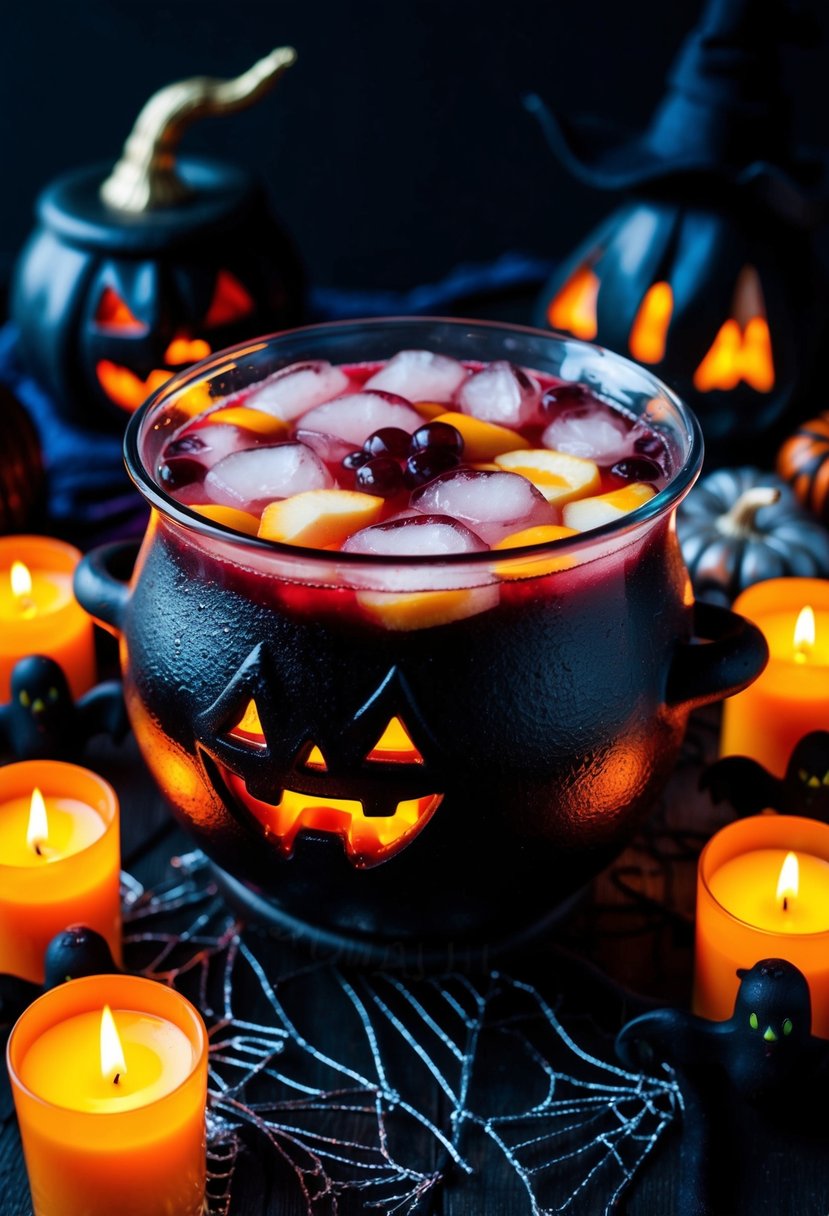 A bubbling cauldron of Vampire's Kiss Cosmopolitan punch, surrounded by spooky decorations and flickering candles